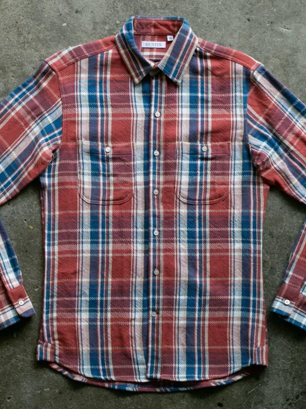 NWOT Gustin #905 Retro Loose Weave Plaid Buttondown- Blue Red (Large)